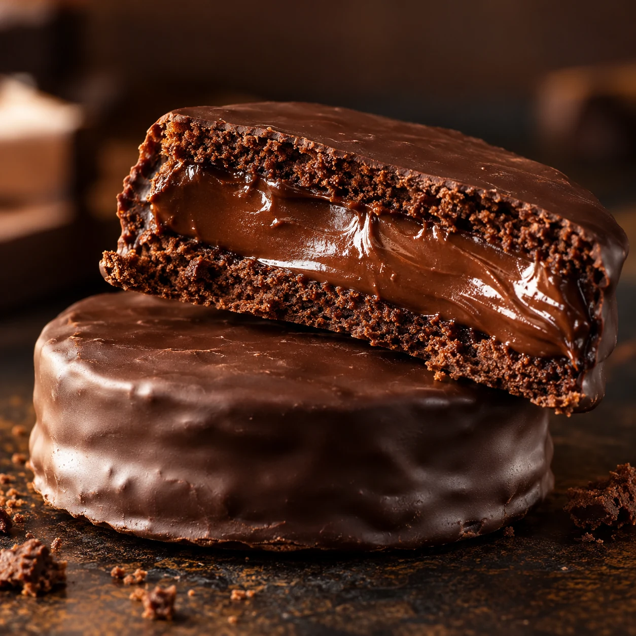 Alfajor bañado en chocolate relleno de dulce de leche